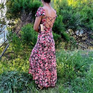 Rewind pink/black high-low side slit maxi dress